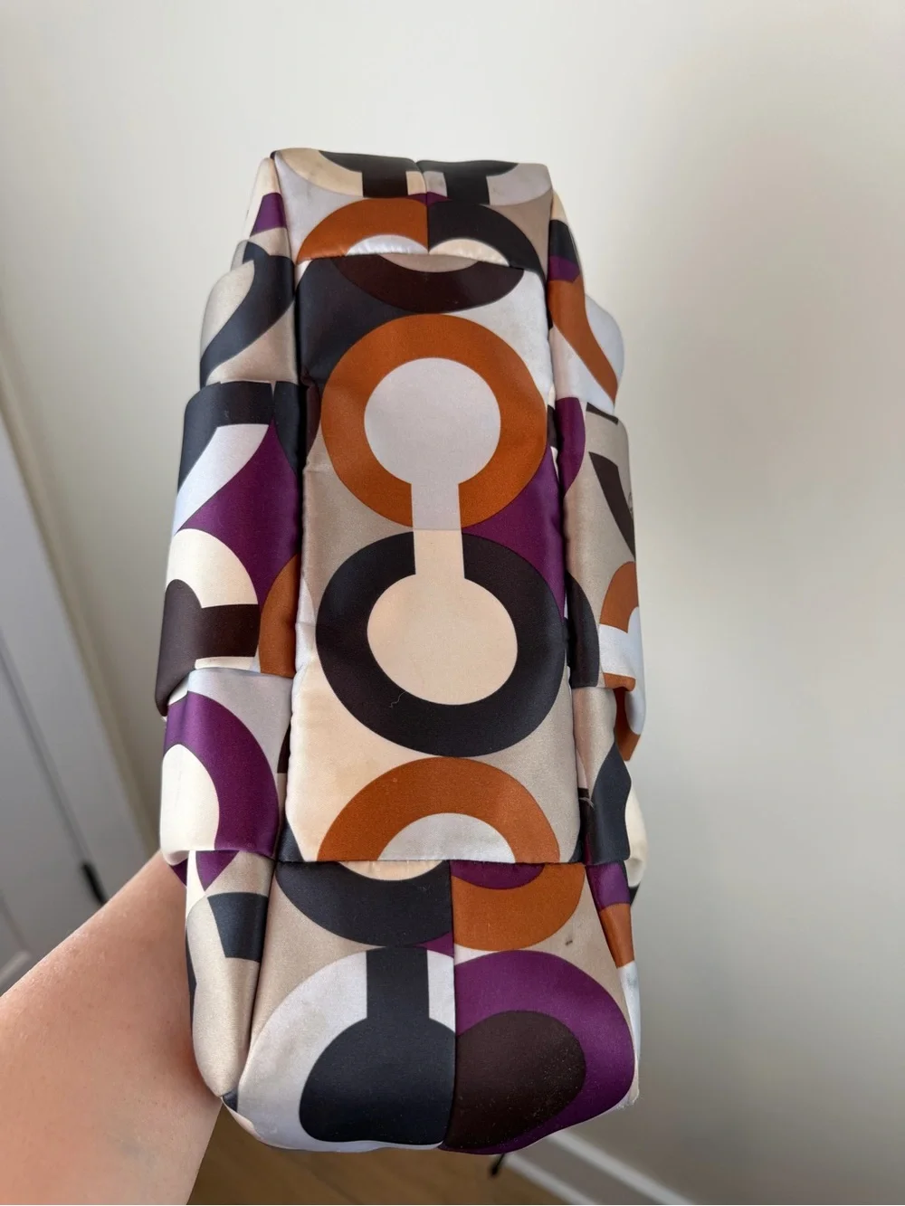 Coach Op Art Glam Satin Print Shoulder Bag in Brown, Purple & Cream